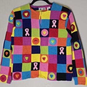 Whimsical Patchwork Rainbow Knit Cardigan Breast Cancer Ribbon Womens S